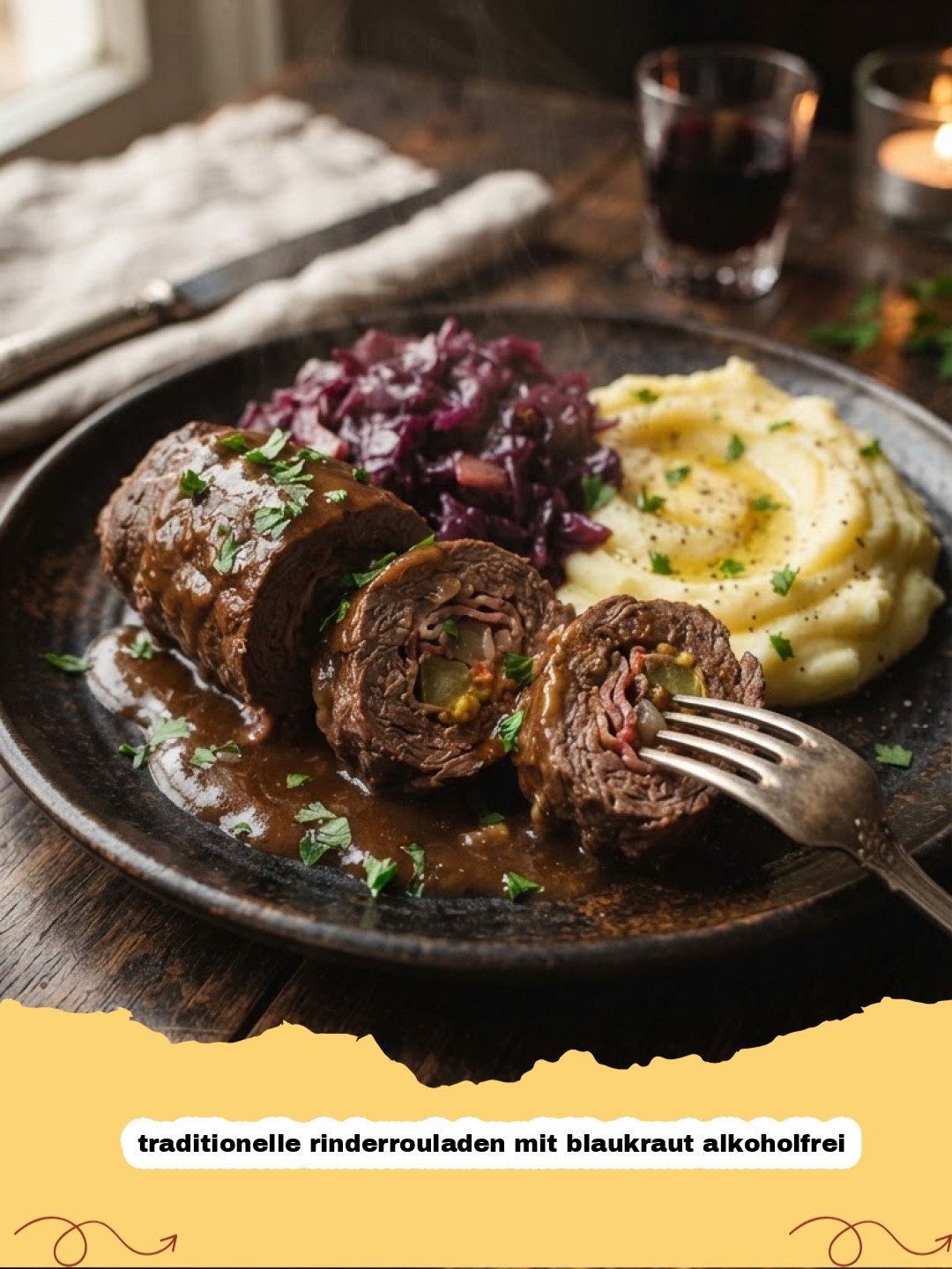 traditionelle rinderrouladen mit blaukraut alkoholfrei - Traditionelle Rinderrouladen mit Blaukraut und Klößen auf einem Teller