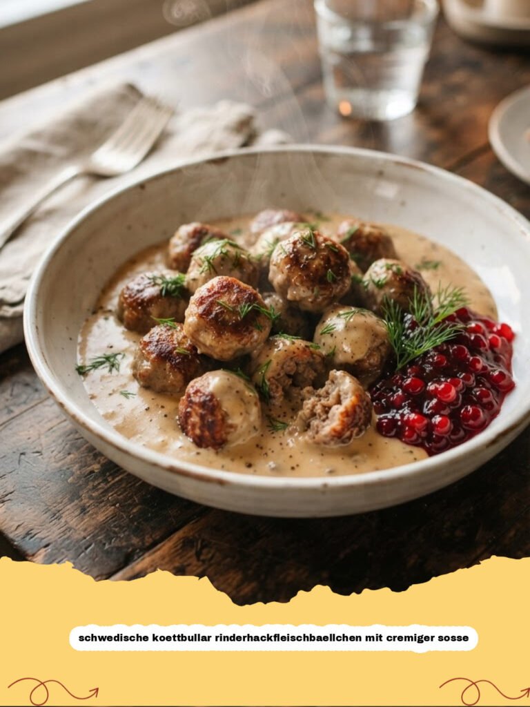 schwedische koettbullar rinderhackfleischbaellchen mit cremiger sosse - Schwedische Köttbullar Rinderhackfleischbällchen mit cremiger Soße, Kartoffelpüree und Preiselbeeren