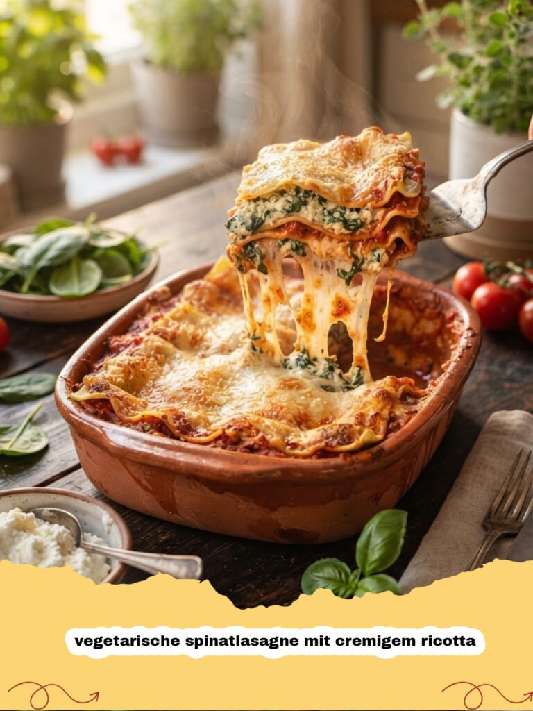 vegetarische spinatlasagne mit cremigem ricotta - Eine goldbraun gebackene vegetarische Spinatlasagne mit cremigem Ricotta in einer Auflaufform, mit geschmolzenem Käse und frischen Kräutern garniert.