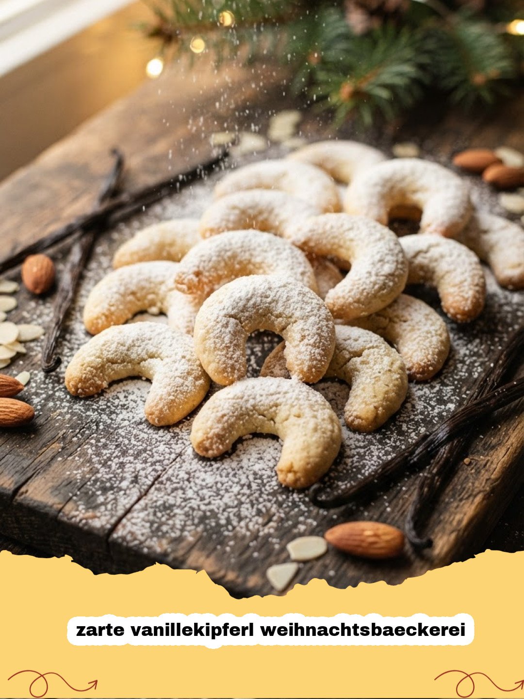 zarte vanillekipferl weihnachtsbaeckerei - Ein Haufen zarter Vanillekipferl, bestäubt mit Puderzucker, auf einer weihnachtlichen Unterlage mit Tannenzweigen.