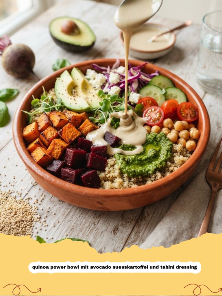 quinoa power bowl mit avocado suesskartoffel und tahini dressing - Eine bunte Quinoa Power Bowl mit gerösteter Süßkartoffel, Avocado, frischem Gemüse und Tahini-Dressing auf einem Holztisch