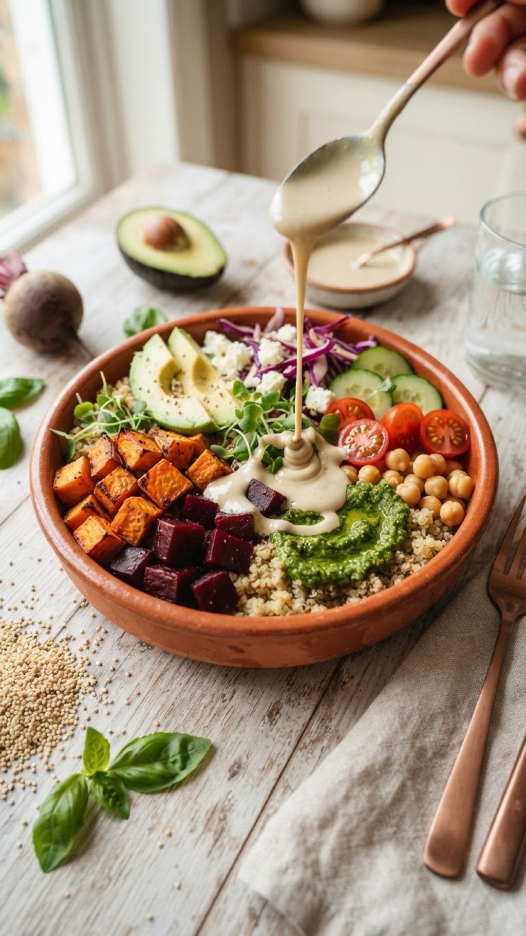 Quinoa Power Bowl mit Avocado, Süßkartoffel und Tahini-Dressing Preparation