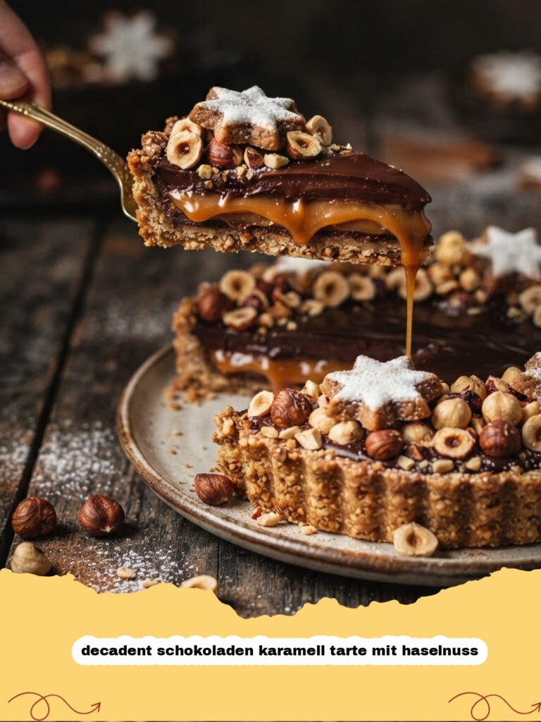 decadent schokoladen karamell tarte mit haselnuss - Eine reichhaltige Scheibe dekadente Schokoladen-Karamell-Tarte mit Haselnuss, perfekt geschichtet und dekoriert.