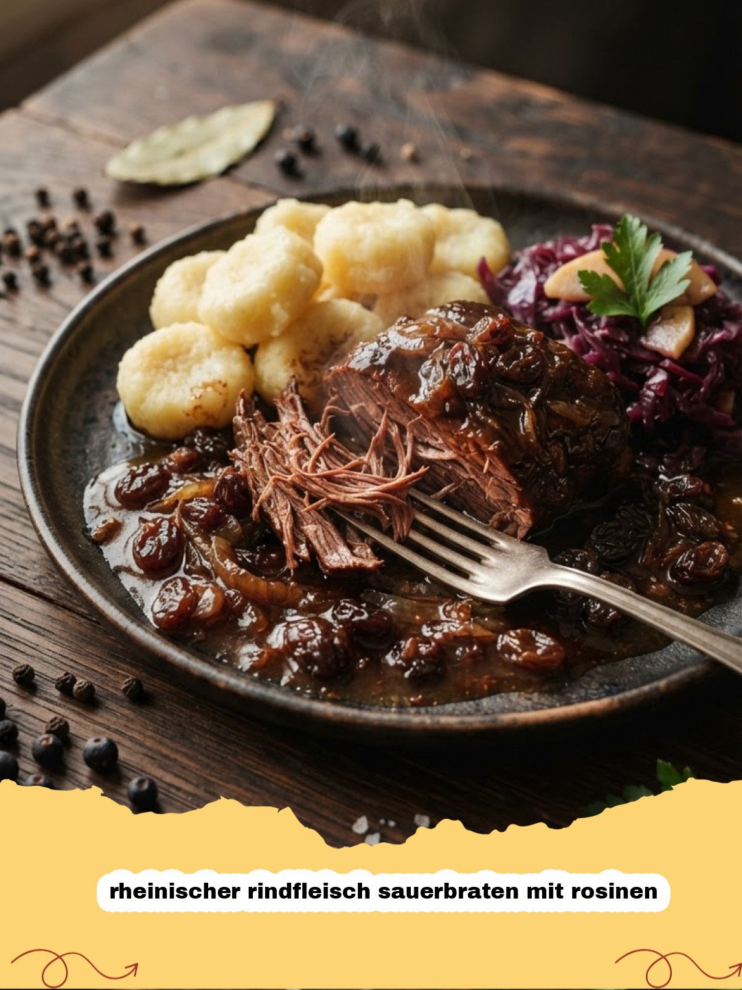 rheinischer rindfleisch sauerbraten mit rosinen - Ein appetitlicher rheinischer Rindfleisch-Sauerbraten mit Rosinen, serviert mit Klößen und Rotkohl auf einem Teller.