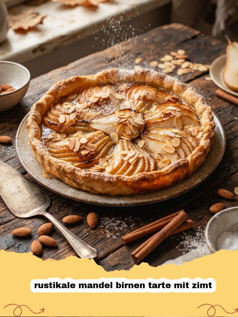 rustikale mandel birnen tarte mit zimt - Ein appetitliches Stück rustikale Mandel Birnen Tarte mit Zimt auf einem Teller, daneben eine ganze Tarte und frische Birnen.