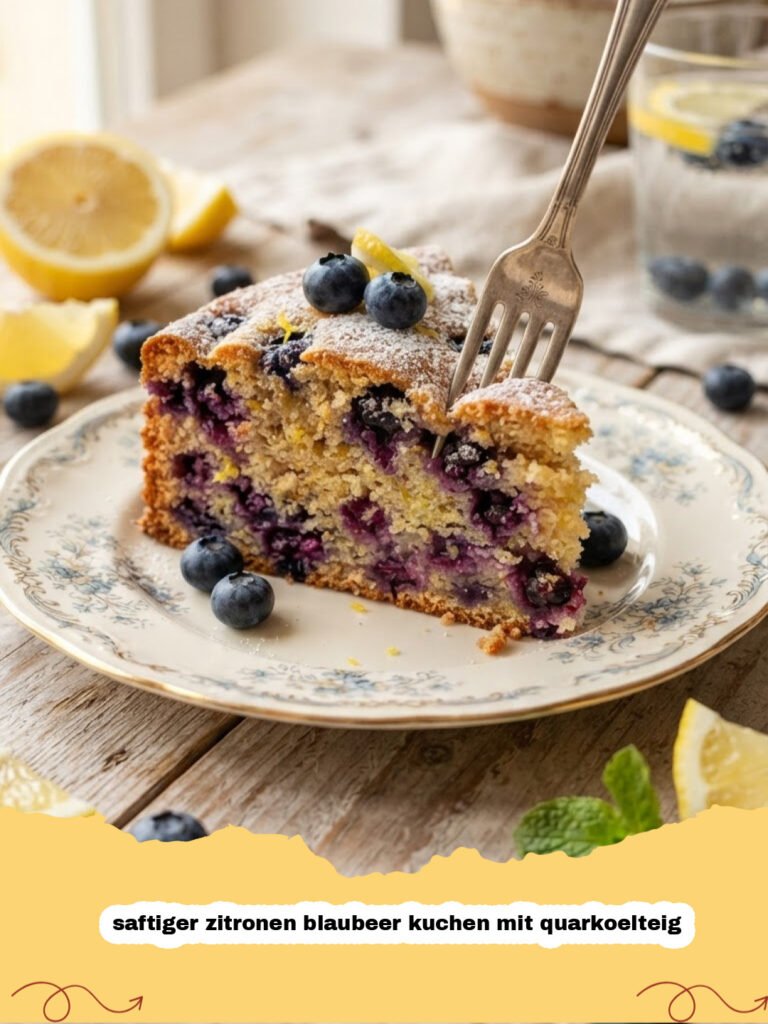 saftiger zitronen blaubeer kuchen mit quarkoelteig - Ein großes Stück saftiger Zitronen-Blaubeer-Kuchen mit Quark-Ölteig auf einem Teller, verziert mit frischen Blaubeeren und Zitronenscheiben.