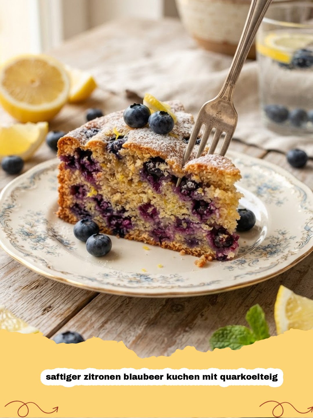 saftiger zitronen blaubeer kuchen mit quarkoelteig - Ein großes Stück saftiger Zitronen-Blaubeer-Kuchen mit Quark-Ölteig auf einem Teller, verziert mit frischen Blaubeeren und Zitronenscheiben.