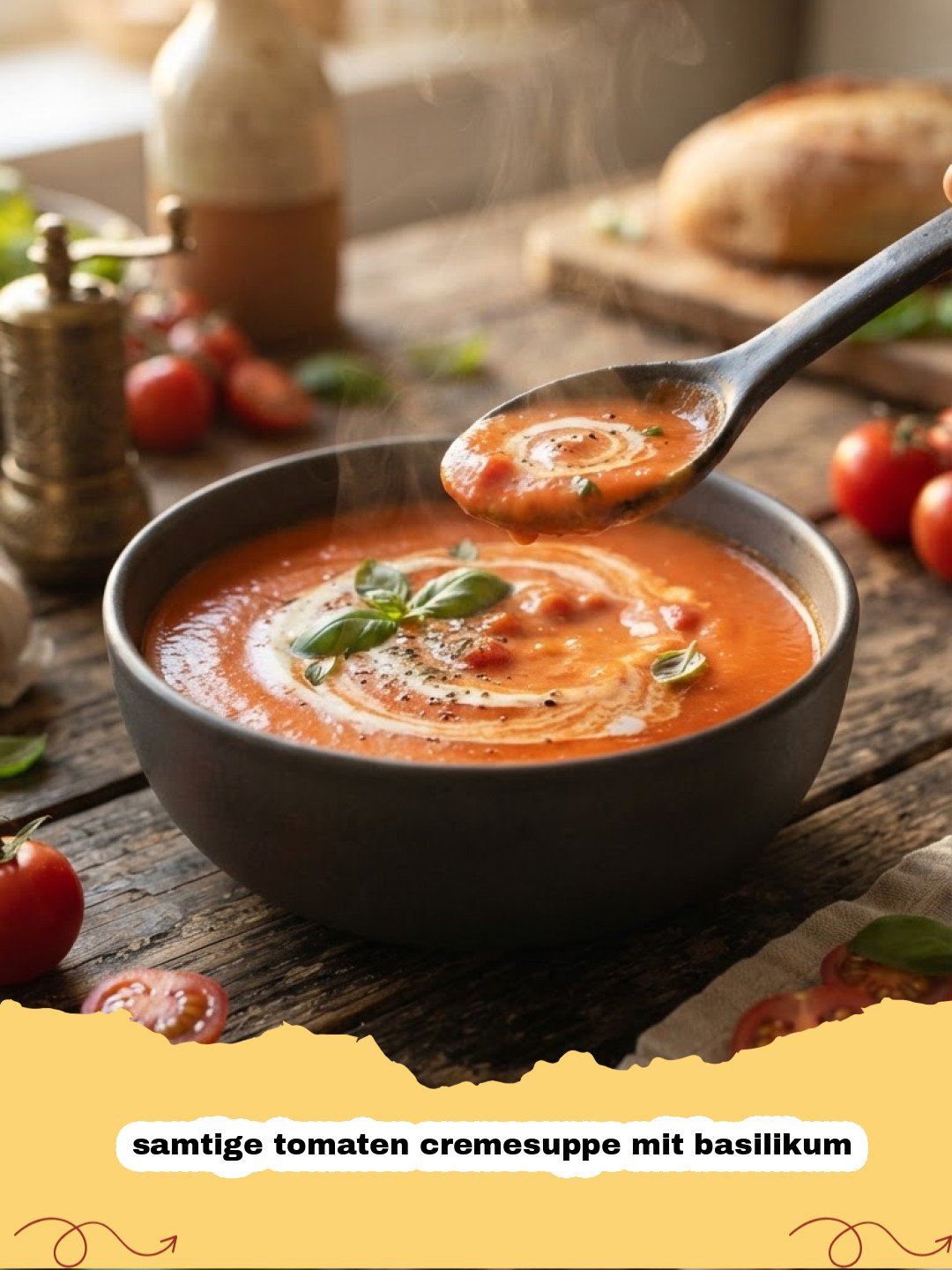 samtige tomaten cremesuppe mit basilikum - Eine Schüssel samtige Tomaten-Cremesuppe mit frischem Basilikum und einem Klecks Sahne