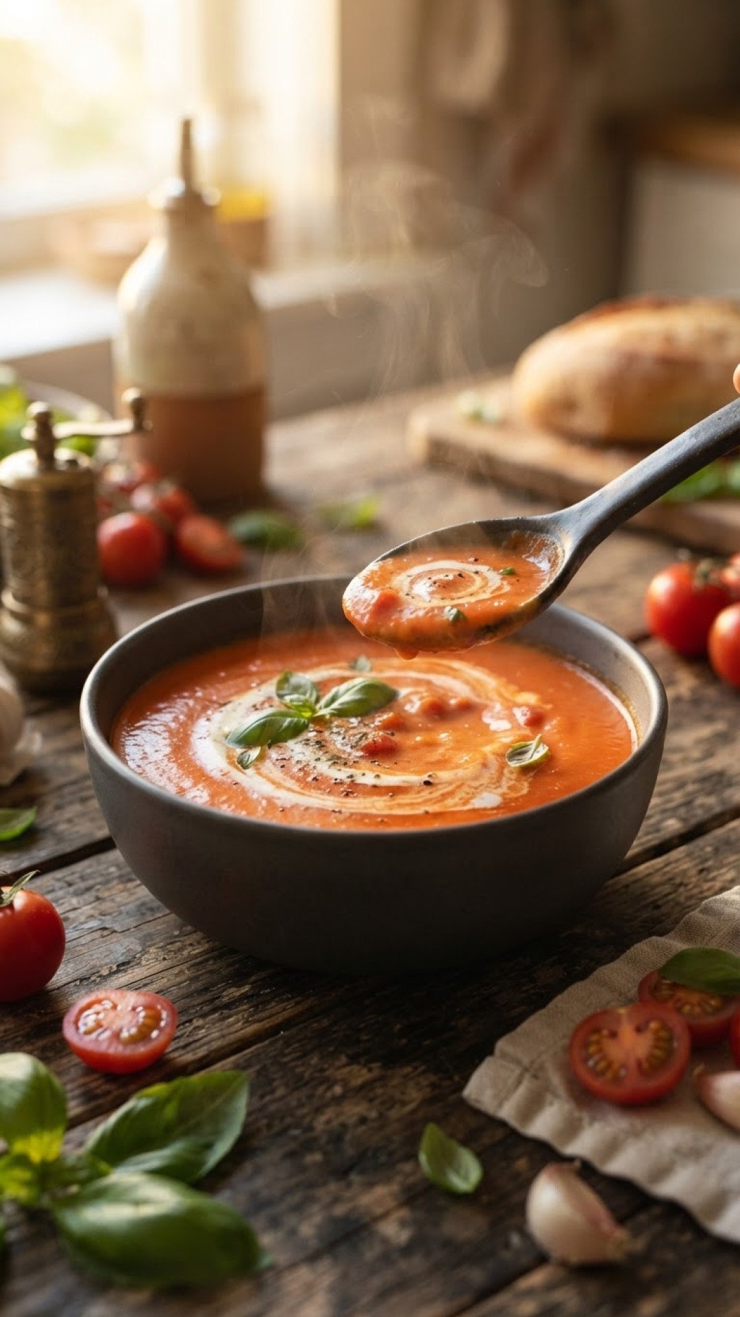Samtige Tomaten-Cremesuppe mit Basilikum Preparation