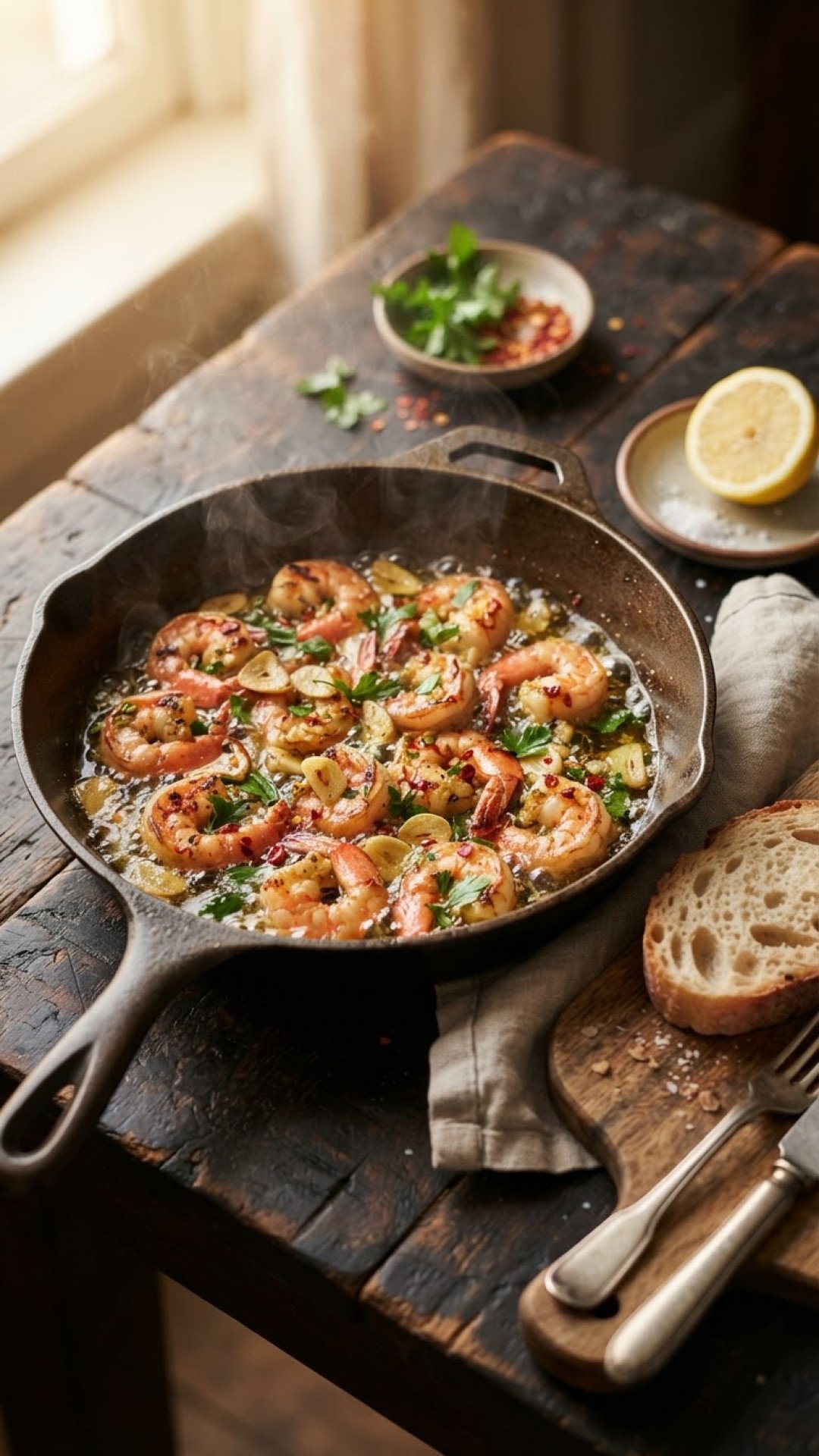 Scharfe Garnelenpfanne mit Knoblauch und Chili (Gambas al Ajillo) Preparation