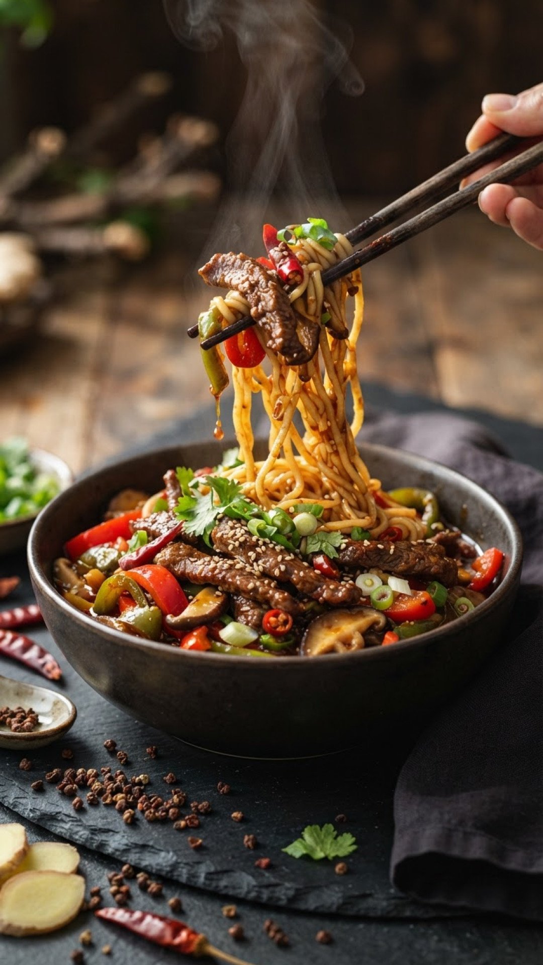 Scharfes Rindfleisch Szechuan Art mit Chili und Gemüse Preparation