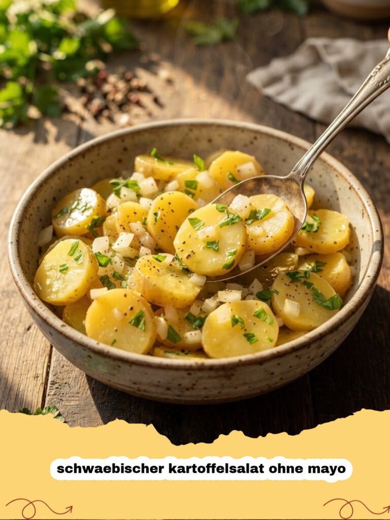 schwaebischer kartoffelsalat ohne mayo - Ein appetitlicher schwäbischer Kartoffelsalat ohne Mayonnaise, angerichtet in einer rustikalen Schüssel, garniert mit frischer Petersilie.