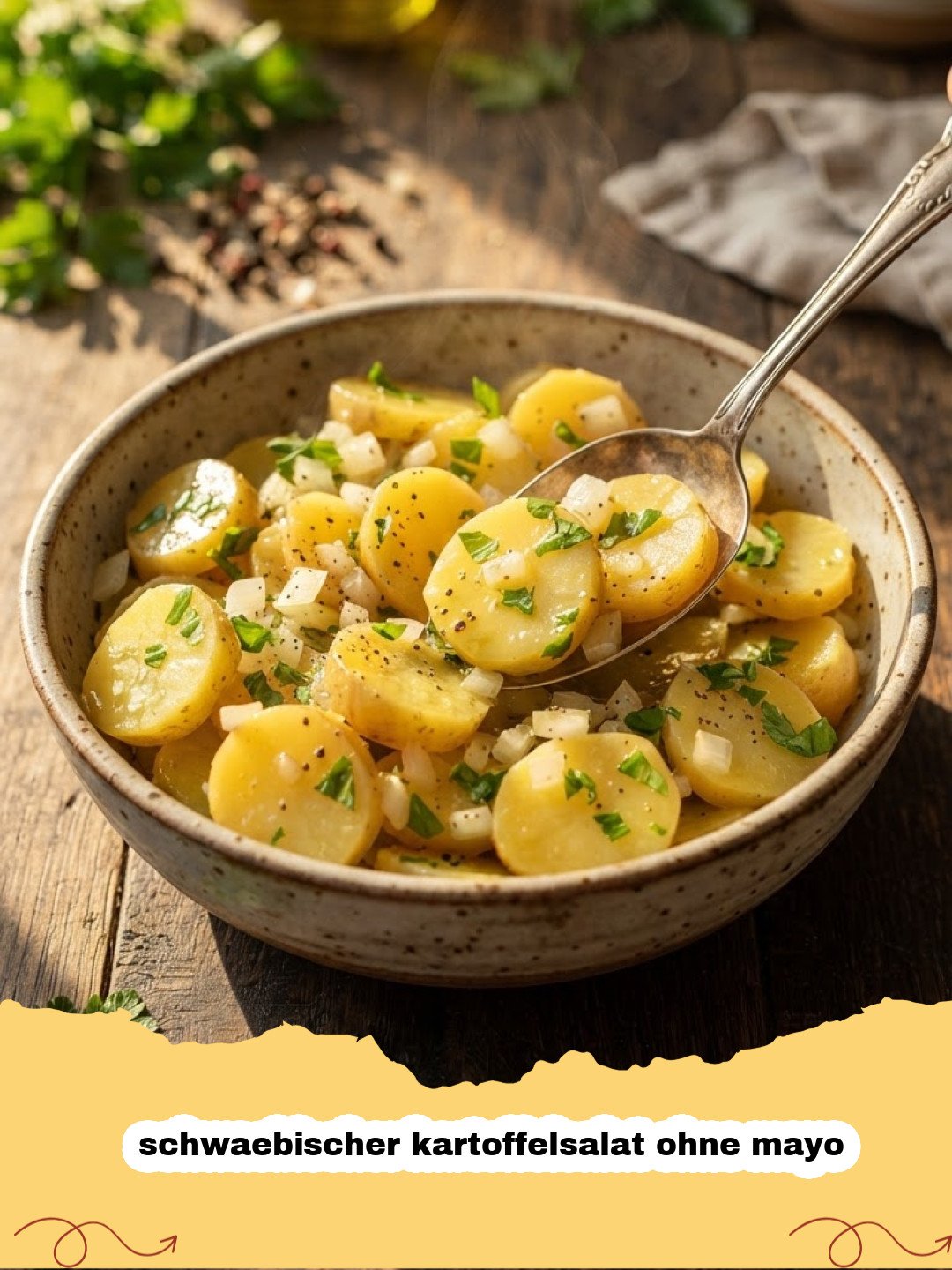 schwaebischer kartoffelsalat ohne mayo - Ein appetitlicher schwäbischer Kartoffelsalat ohne Mayonnaise, angerichtet in einer rustikalen Schüssel, garniert mit frischer Petersilie.
