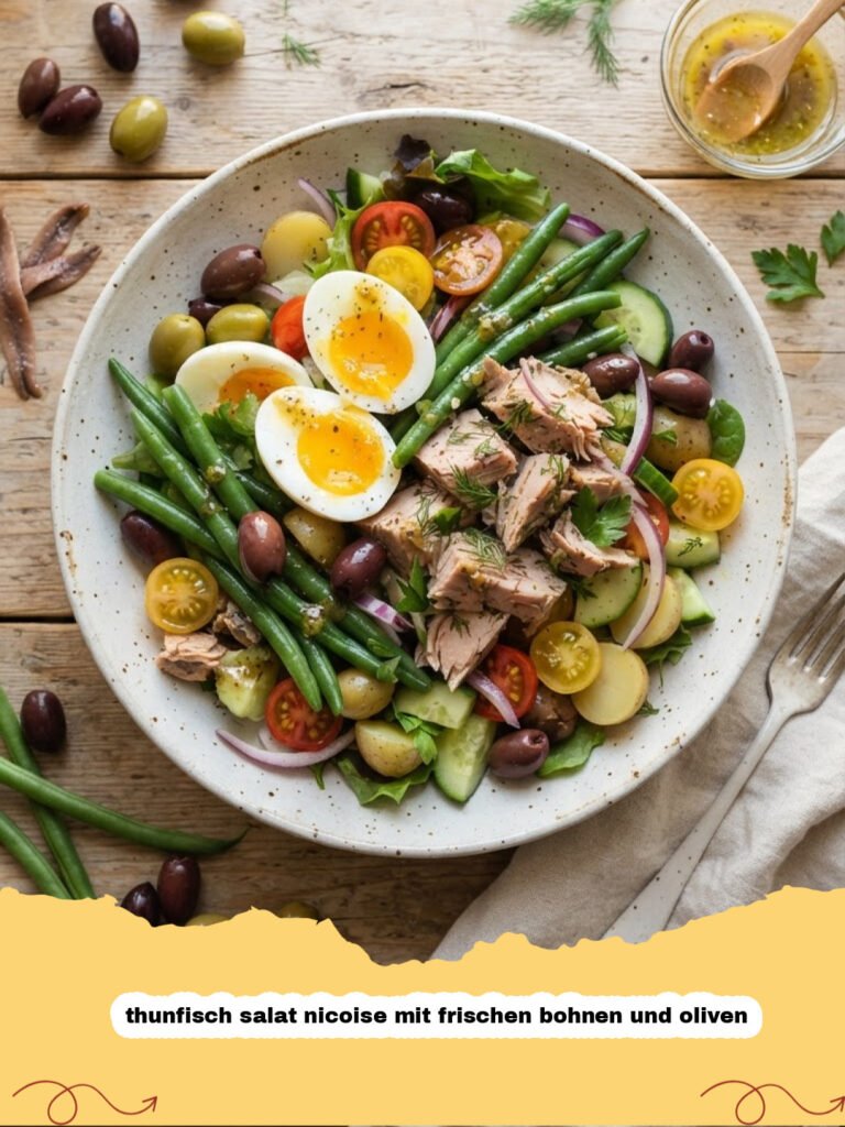thunfisch salat nicoise mit frischen bohnen und oliven - Ein appetitlicher Thunfisch Salat Niçoise mit frischen grünen Bohnen, Oliven, Kartoffeln und gekochten Eiern, angerichtet auf einem Teller.