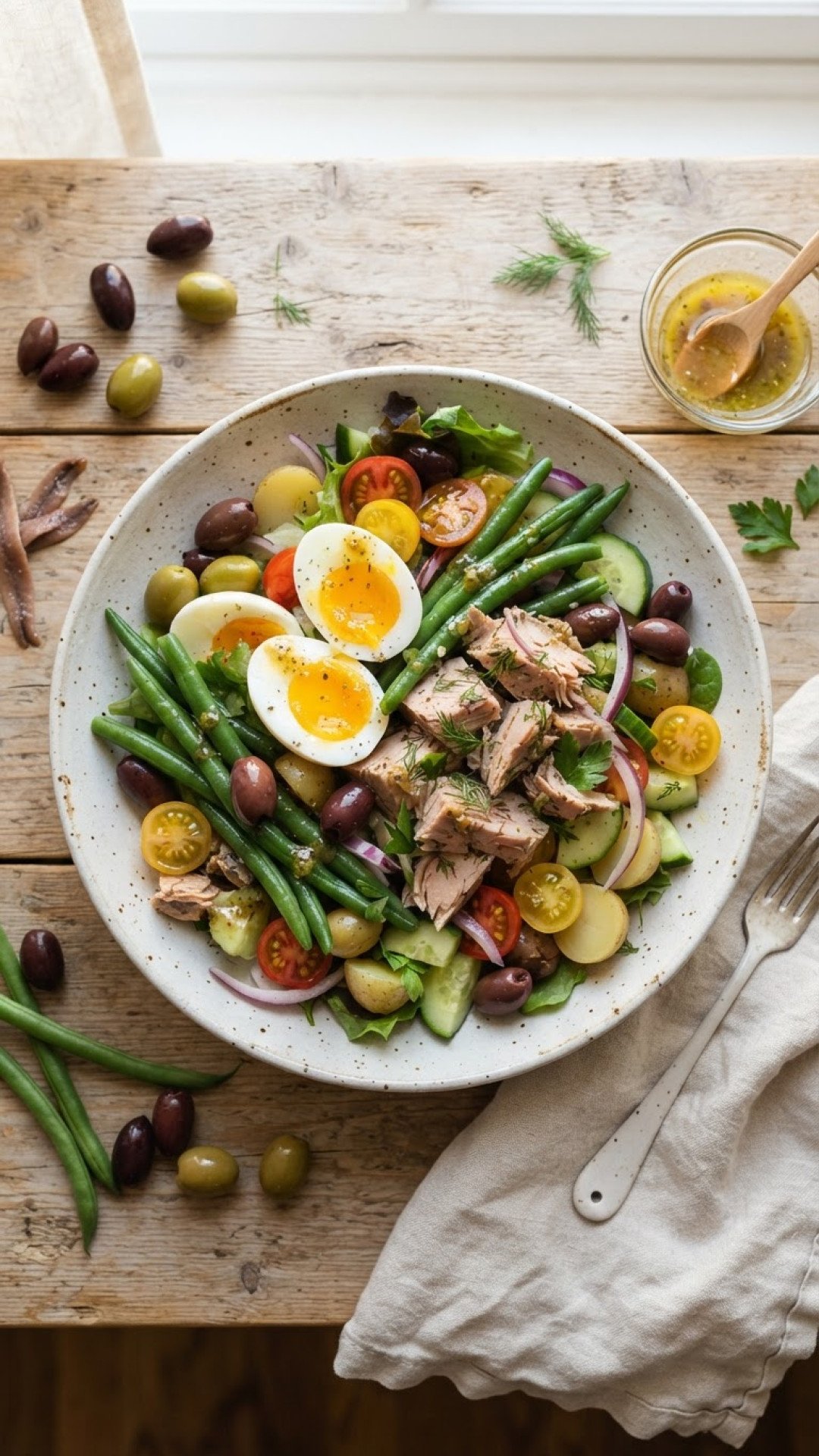 Thunfisch Salat Niçoise mit frischen Bohnen und Oliven Preparation