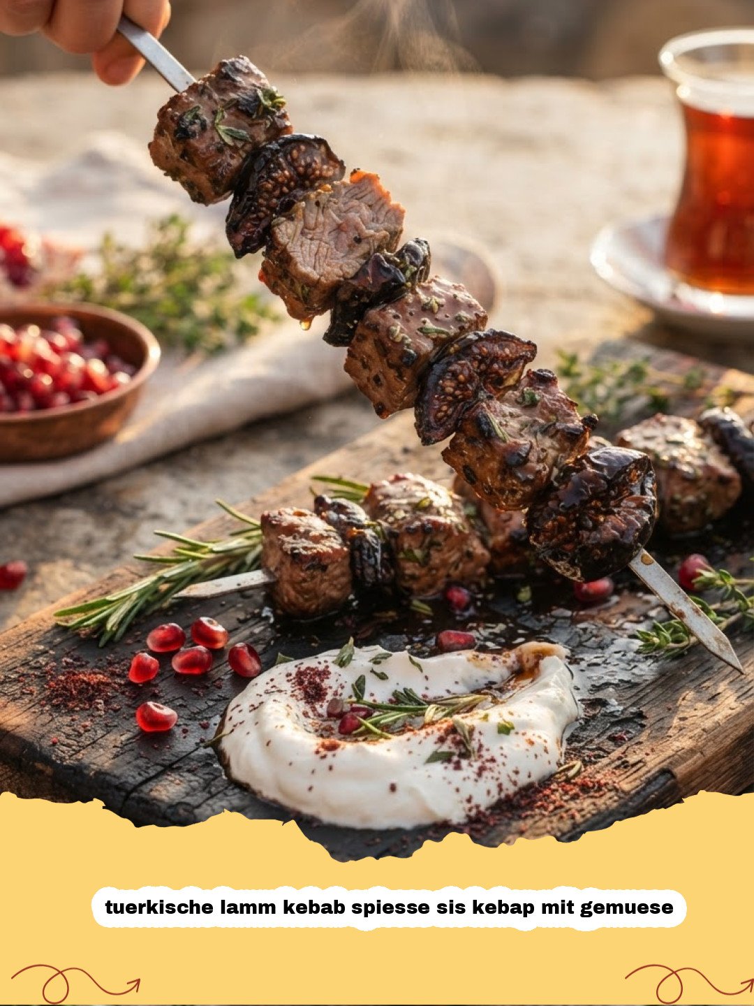 tuerkische lamm kebab spiesse sis kebap mit gemuese - Saftige türkische Lamm Kebab Spieße (Sis Kebap) mit buntem Gemüse auf einem Teller