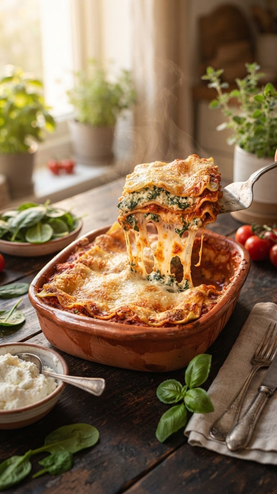 Vegetarische Spinatlasagne mit cremigem Ricotta Preparation