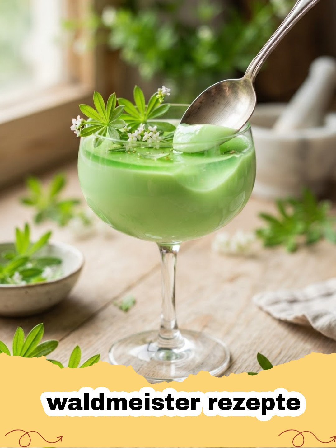 waldmeister rezepte - Erfrischende Waldmeister-Erdbeer-Bowle in einer Glasschüssel mit Waldmeisterzweigen und Erdbeeren garniert