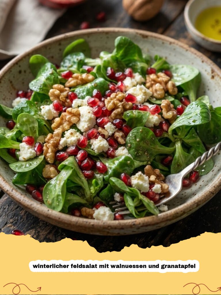 winterlicher feldsalat mit walnuessen und granatapfel - Ein festlich angerichteter winterlicher Feldsalat mit Walnüssen und Granatapfel in einer weissen Schale auf einem Holztisch, dekoriert mit einigen ganzen Walnüssen.