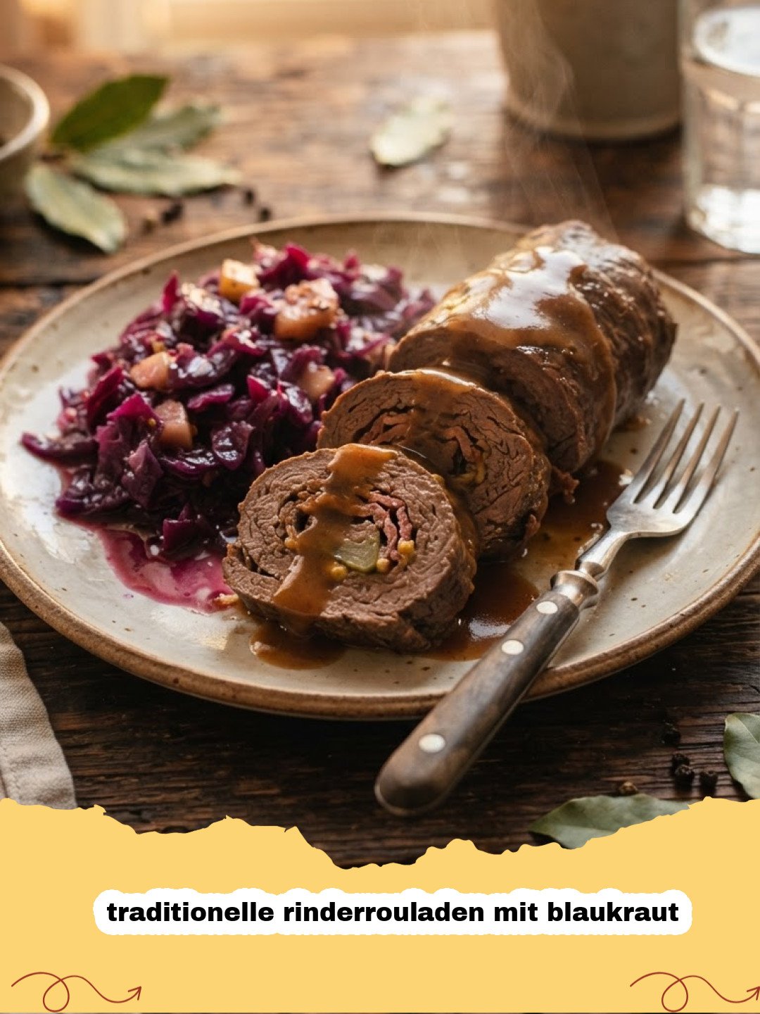 traditionelle rinderrouladen mit blaukraut - Ein Teller mit zarten Rinderrouladen, übergossen mit dunkler Sauce, daneben leuchtend rotes Blaukraut und goldbraune Kartoffelklöße.