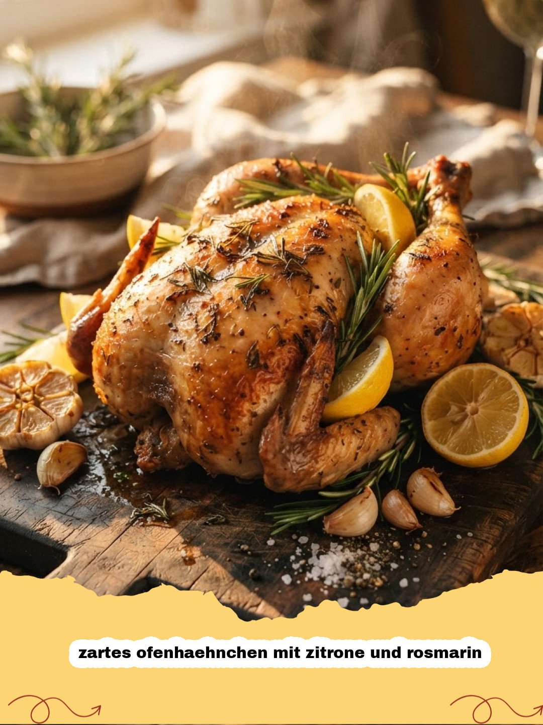zartes ofenhaehnchen mit zitrone und rosmarin - Ganzes zartes Ofenhähnchen mit Zitrone und Rosmarin, knusprig gebraten in einer Bratform mit Kräutern und Zitronenscheiben.